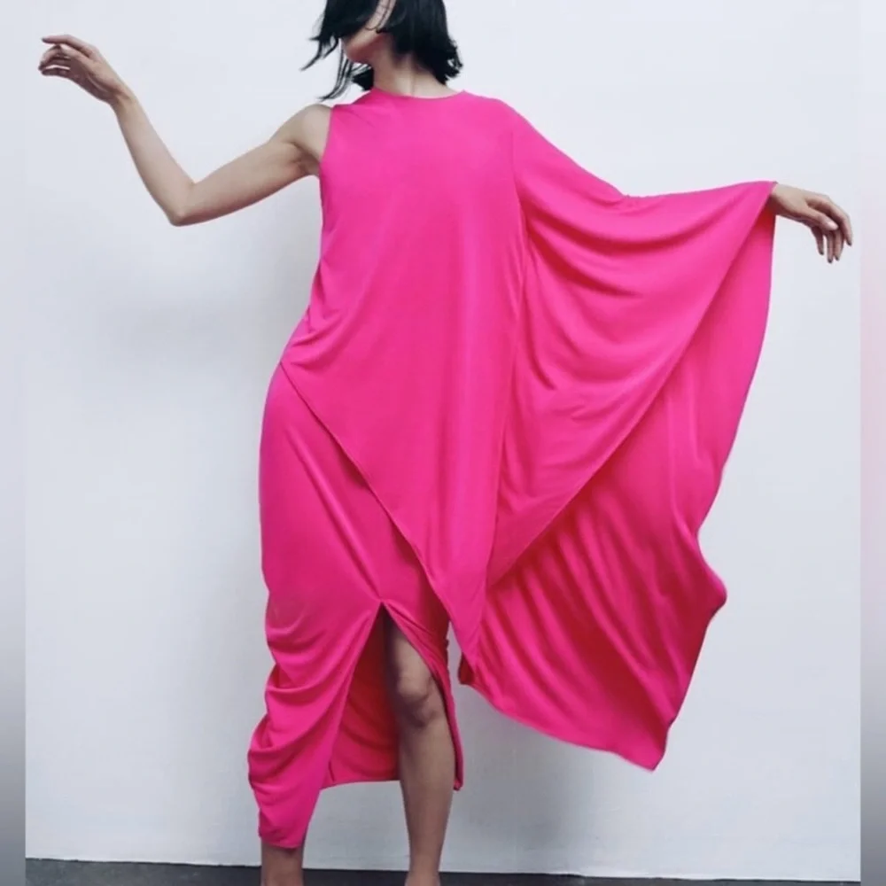 New Zara 2 Piece Fuchsia Pink Asymmetric Top and Draped Midi Skirt Small